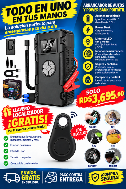 🚗 Arrancador de Batería + Inflador de Neumáticos 4 en 1 | Portátil y Multifuncional 🔋REGALO GRATIS